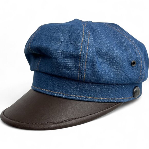 Vintage Denim Jean Leather Fisherman Captain Disco Sterkowski Cap Hat One Size - Picture 5 of 9